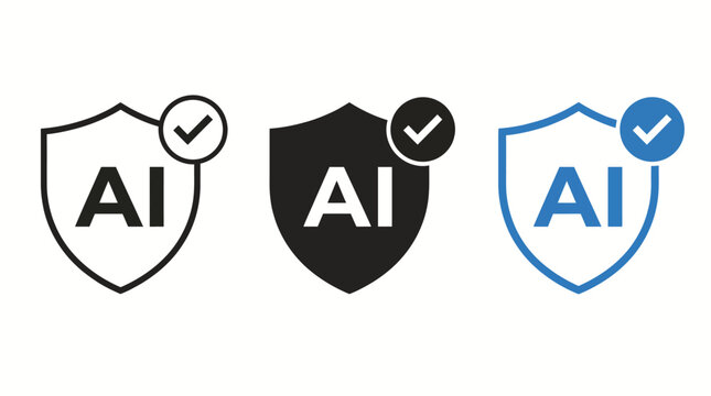 Set of three AI shield badges with check marks in white, black, and blue outline styles, symbolizing verified artificial intelligence branding and secure technology logos.
