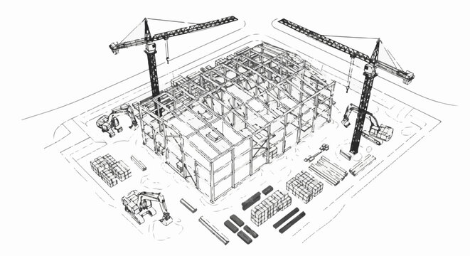 Construction site with building frame, cranes, excavators, and materials