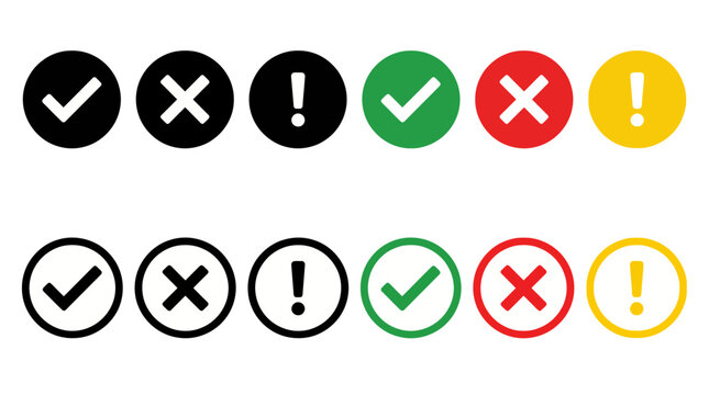 Set of circular status icons showing check, cross, and exclamation marks in black and colored variants for UI design, alerts, and validation.