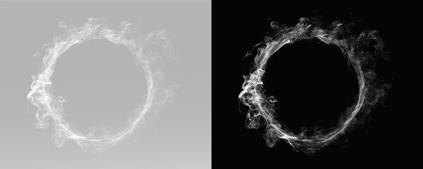 Realistic white smoke ring with turbulent vapor swirls and thick mist texture. Abstract white smoky circle with flowing vapor trails and dynamic motion © Alehandro