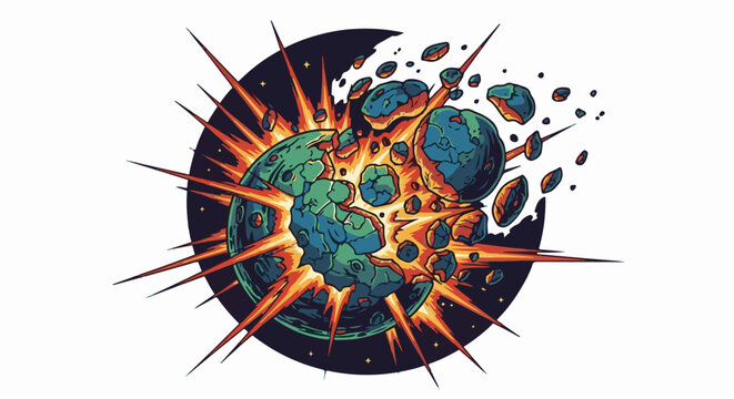 Cartoon planet exploding into space, with debris and bright light