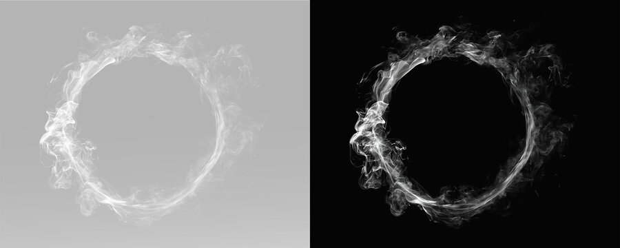Realistic white smoke ring with turbulent vapor swirls and thick mist texture. Abstract white smoky circle with flowing vapor trails and dynamic motion