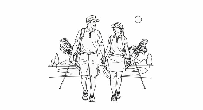 Couple holding hands walking on a golf course carrying clubs under the sun