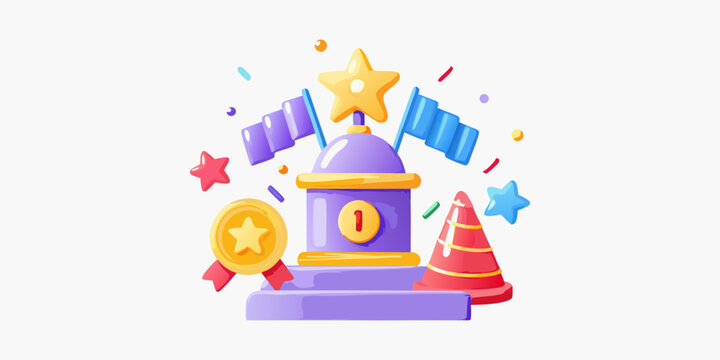Celebration podium with flags and confetti 3d render