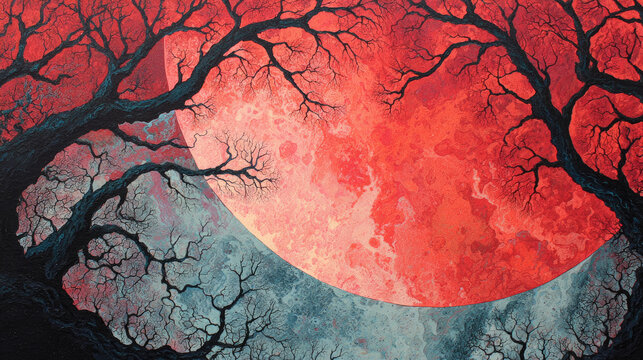 Lightning bolt on green chroma key concept. Eerie twilight scene with a large red moon and dark trees.