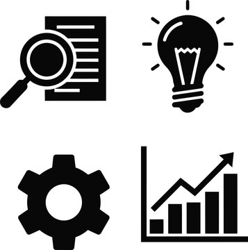 Business and finance symbols magnifying glass document lightbulb gear graph growth and upward trend analysis