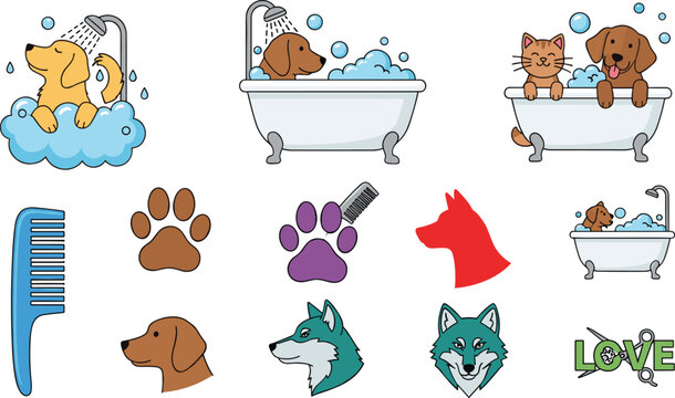 Pet Grooming Icon Set Featuring Dogs and Cats in Bathtubs with Soap Bubbles, Shower Heads, Brushes, Paw Prints, and Professional Salon Equipment Symbols for Veterinary Care
