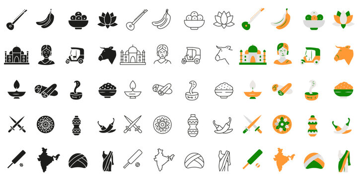 A set of icons featuring Indian symbols in various styles for travel projects.