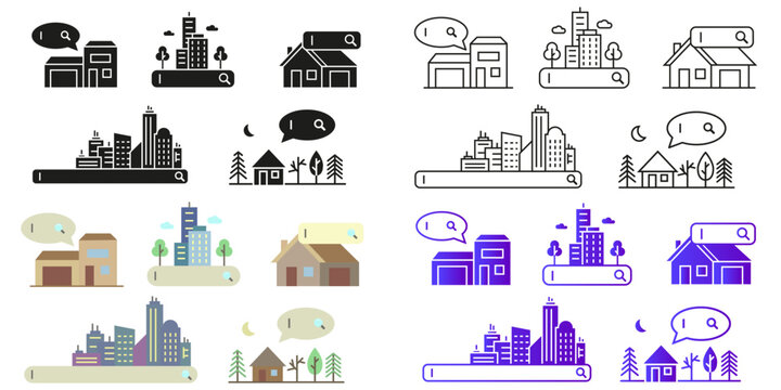 A panorama of city buildings in various styles. Cityscape. Building search icons.