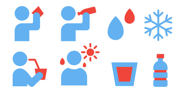 A set of flat-style icons depicting hydration, heat, and cold drinks.