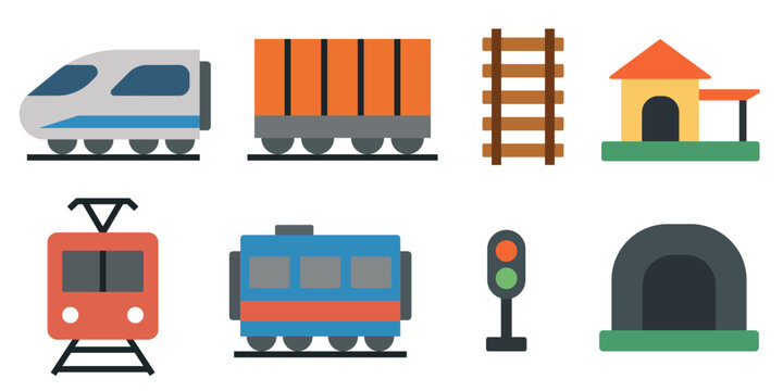 A set of icons for rail transport and infrastructure.