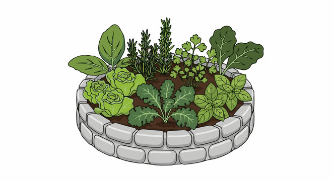 Circular raised garden bed overflowing with diverse green leafy vegetables and herbs