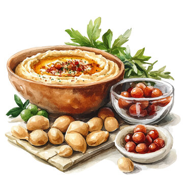 watercolor of Hummus draw, isolated on a white background.