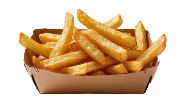 Golden crispy French fries in brown cardboard container