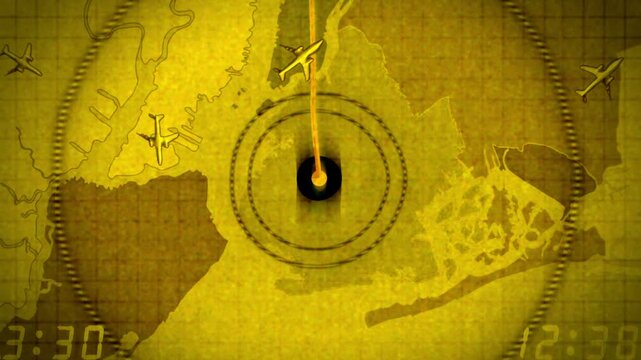 Aircraft, planes as seen on a simulated air traffic control monitor. Multiple aircraft symbols passing across screen with circular radar over a rough map of New York City, New York. 