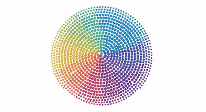 Colorful circular pattern formed by tiny dots, radiating outward in rainbow hues