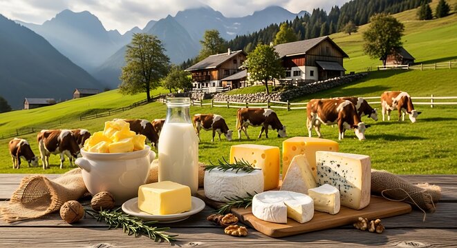Dairy products on table.