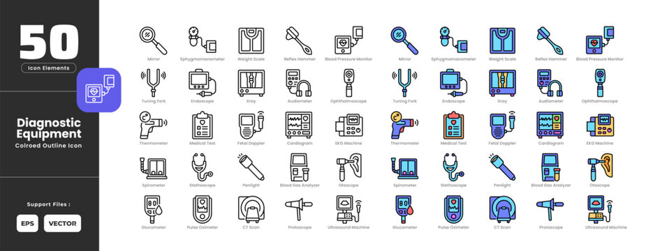 Diagnostic tool icon set collection - colored outline line art style. Containing mirror, sphygmomanometer, weight scale, reflex hammer, blood pressure, tunning fork, endoscope, xray, audiometer.