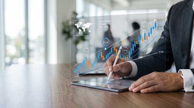 Businessman analyzing financial stock market data on digital tablet, holographic candlestick chart showing growth trends and investment profit in modern office environment