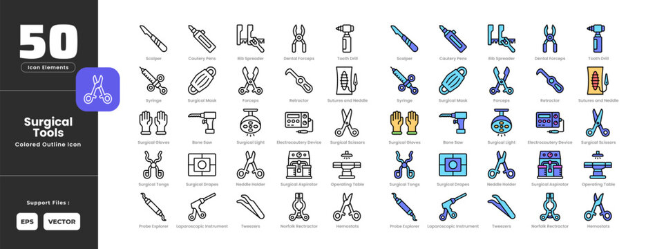 Surgical tools icon set collection - colored outline line art style. Containing scalper bone saw, cautery pens, dental forceps, electrocautery device, hemostats, laparoscopic, needle holder, norfolk.