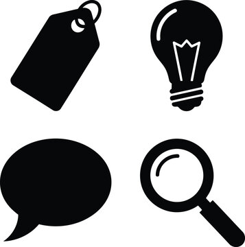 Set of black icons representing business concepts like tag lightbulb speech bubble and magnifying glass
