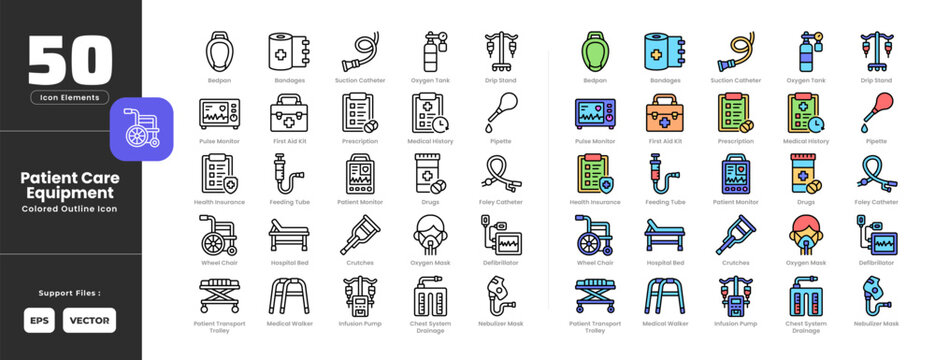 Patient care equipment icon set collection - colored outline line art style. Containing bandage, bedpan, chest pain drainage, crutches, defibrillator, drip stand, drugs, feeding tube, first aid kit.