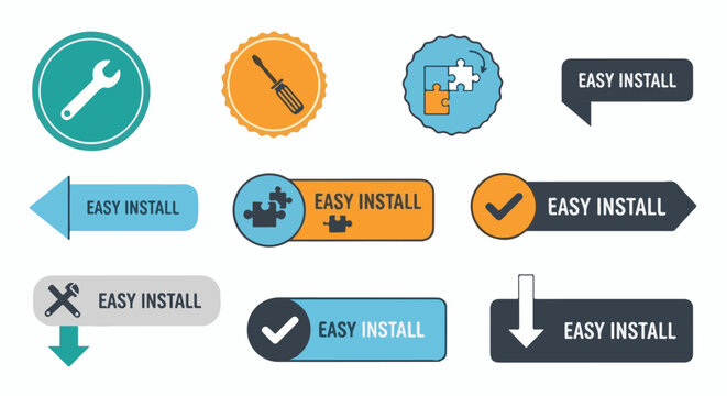 Collection of graphic icons and buttons indicating ease of installation