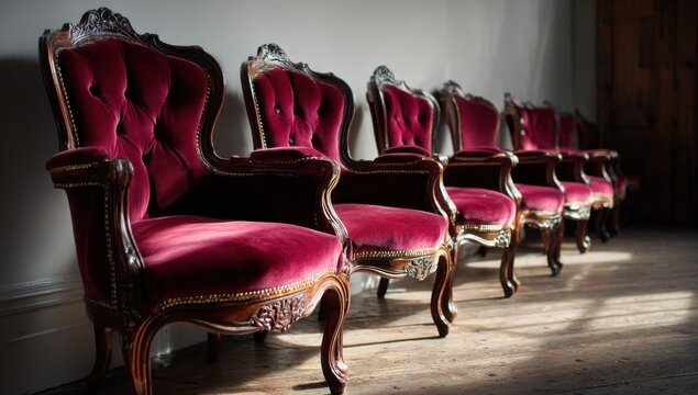 Elegant antique velvet armchairs in a row, vintage luxury seating arrangement.