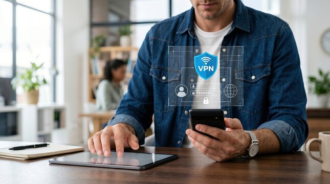 Man using virtual private network vpn for secure internet connection on mobile devices, protecting personal data and online privacy in digital environment.