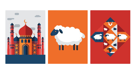 Islamic mosque and sheep vector graphic illustration collection for festive designs. © hadi