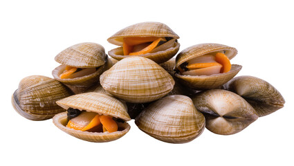 Pile of Freshly Shucked Clams with Orange Meat and Shells © Maelle