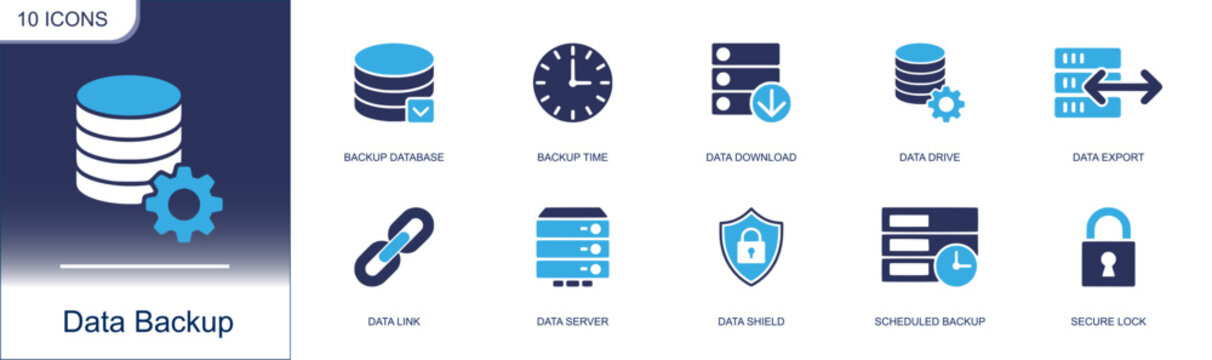 Data backup icon set. Containing backup database, backup time, data download, data drive, data export, data link, data server, data shield, secure lock and more. Solid fill vector icons.