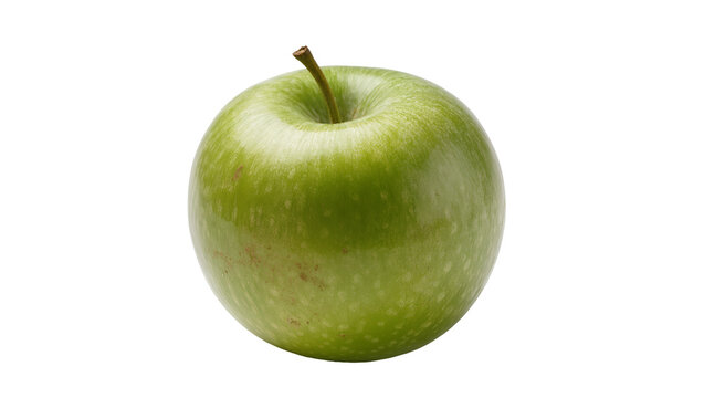 Green speckled apple with stem and brown calyx