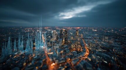 Obraz premium Futuristic city skyline with glowing data streams at night