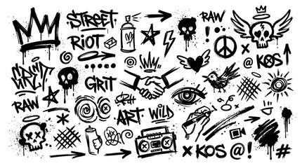 Urban street art design elements with graffiti tags and graphic symbols. © Puspita