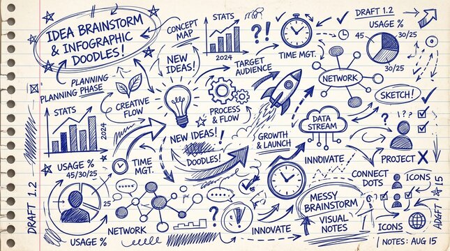 Business brainstorm infographic doodles and creative planning elements.