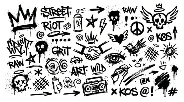 Urban street art design elements with graffiti tags and graphic symbols.