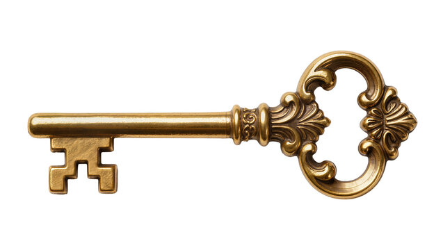 Antique ornate golden key with intricate floral head and blank bit