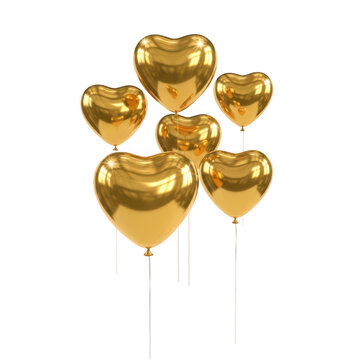 A cluster of eight golden heart-shaped balloons floating together in mid-air