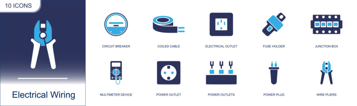 Electrical wiring icon set. Containing circuit breaker, coiled cable, electrical outlet, fuse holder, junction box, multimeter, power outlet, wire pliers and more. Solid fill vector icons.