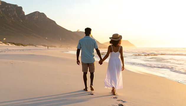 A couple walks on a serene beach