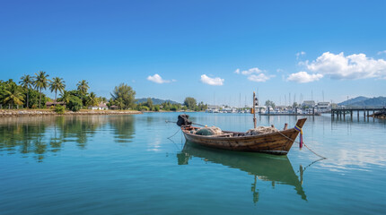 Obraz premium Traditional wooden longtail boat anchored in a tropical marina. Bright daylight, blue water, and modern yachts in the background. Wide shot suitable for travel and tourism marketing.