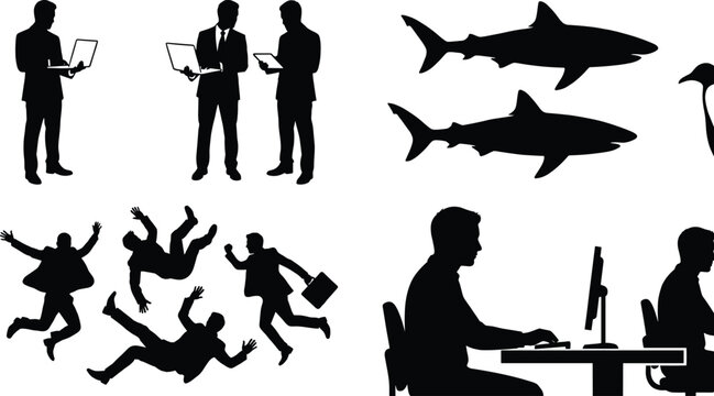 Silhouette collection of business people working jumping figures sharks and office scenes isolated vector set
