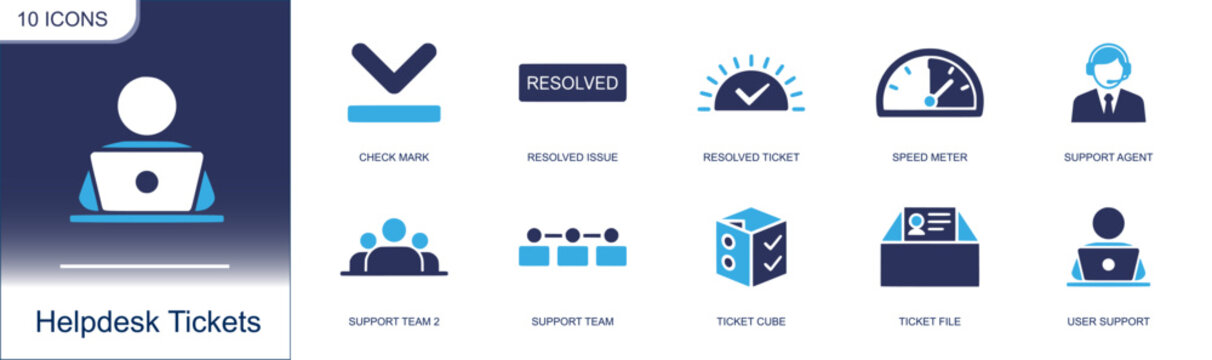 Helpdesk tickets icon set. Containing check mark, resolved issue, resolved ticket, speed meter, support agent, support team, ticket cube, ticket file and more. Solid fill vector icons.
