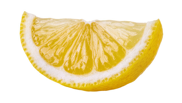 Bright yellow lemon half slice with juicy pulp and rind