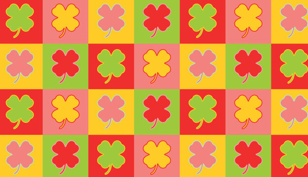 Lucky Clover Checker Pattern Bright Green Red Seamless Background