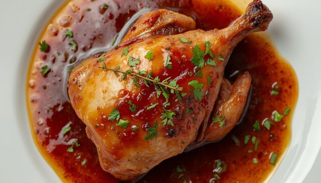 Top-down close-up of Coq au Vin, glossy sauce pooling on a white plate, sprinkled with chopped parsley and thyme leaves.