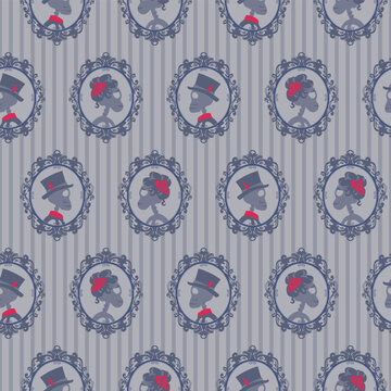 Victorian Gothic Cameo Seamless vector Pattern with Portrait Frames on Gray Striped Background