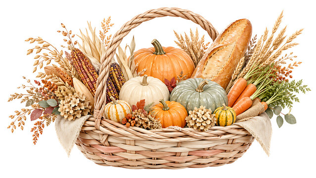 Rustic wicker harvest basket filled with pumpkins bread corn and autumn grains