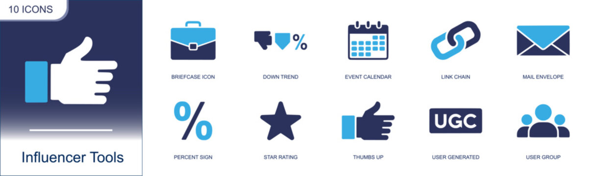 Influencer tools icon set. Containing briefcase, down trend, event calendar, link chain, mail envelope, percent sign, star rating, thumbs up, ugc and more. Solid fill vector icons.